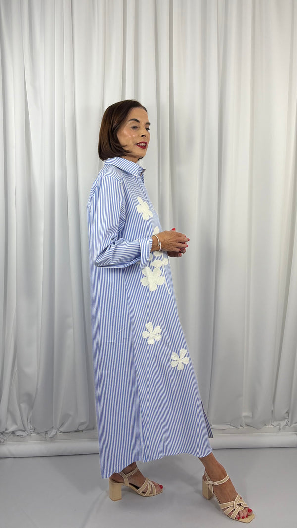 Tabitha fine pin stripe dress in baby blue