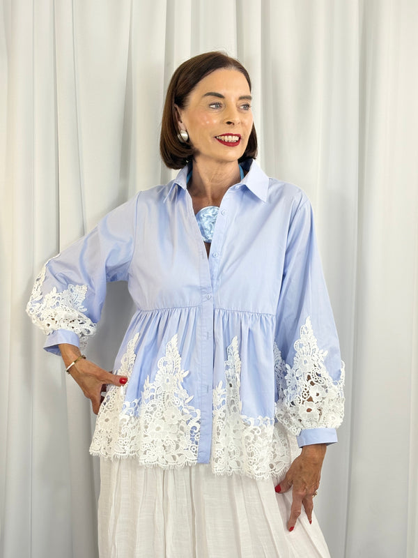 ebony shirt  crochet top in baby blue