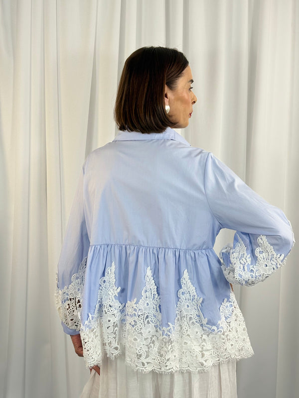 ebony shirt  crochet top in baby blue