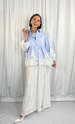 ebony shirt  crochet top in baby blue