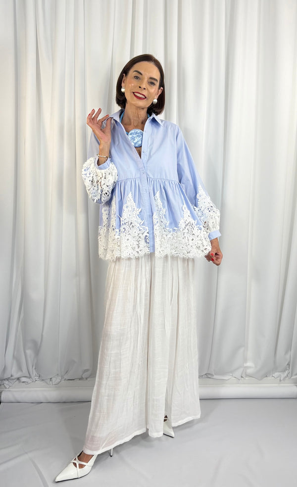 ebony shirt  crochet top in baby blue