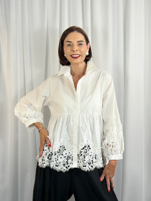 ebony shirt   crochet top in white