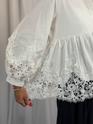 ebony shirt   crochet top in white