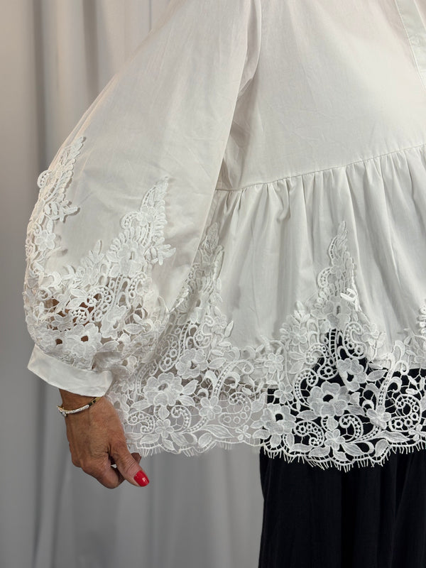 ebony shirt   crochet top in white