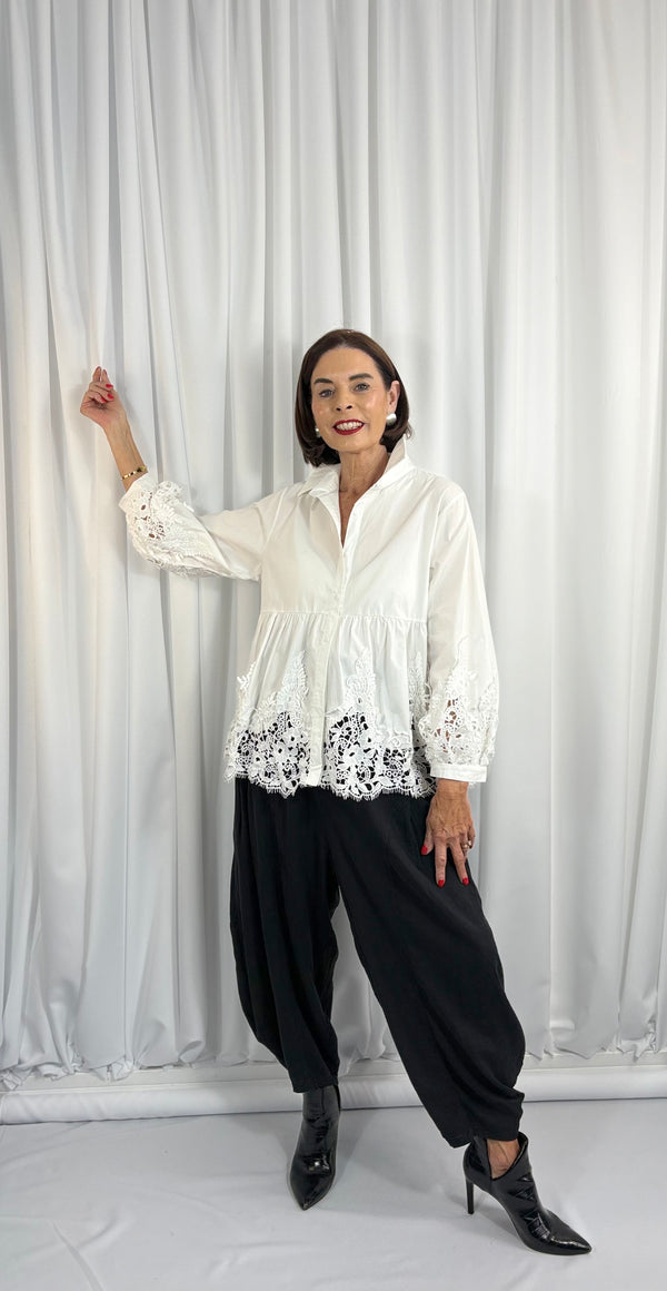 ebony shirt   crochet top in white