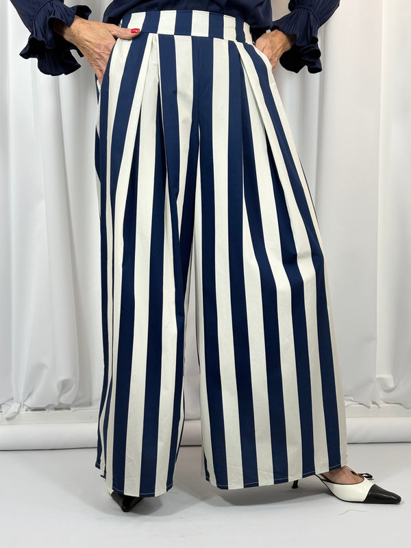 Fiorentina Palazzo trousers in rich navy and beige - Bond Street Store