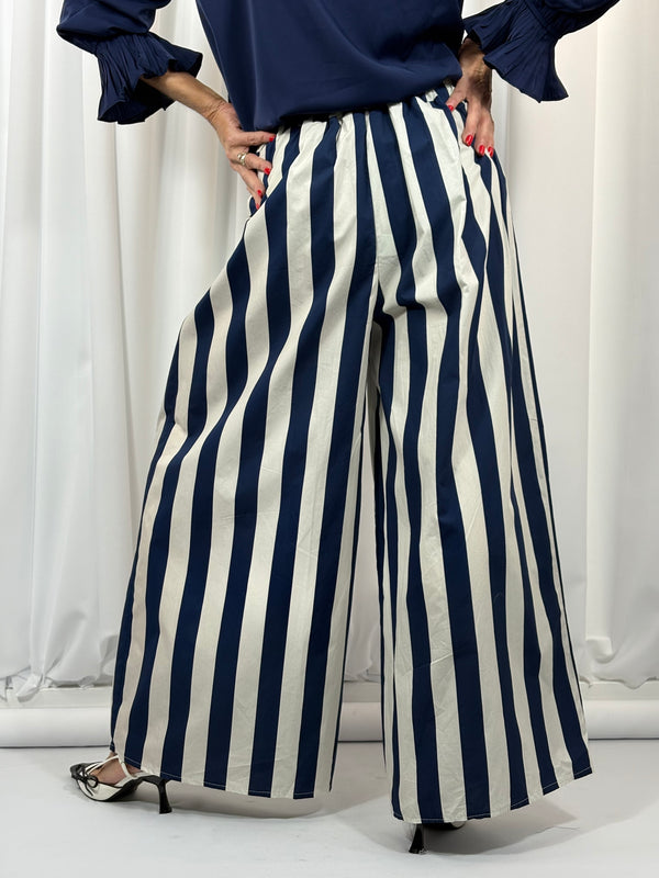 Fiorentina Palazzo trousers in rich navy and beige - Bond Street Store