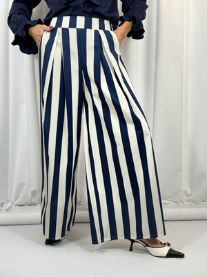 Fiorentina Palazzo trousers in rich navy and beige - Bond Street Store