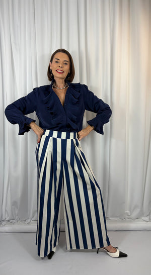 Fiorentina Palazzo trousers in rich navy and beige - Bond Street Store
