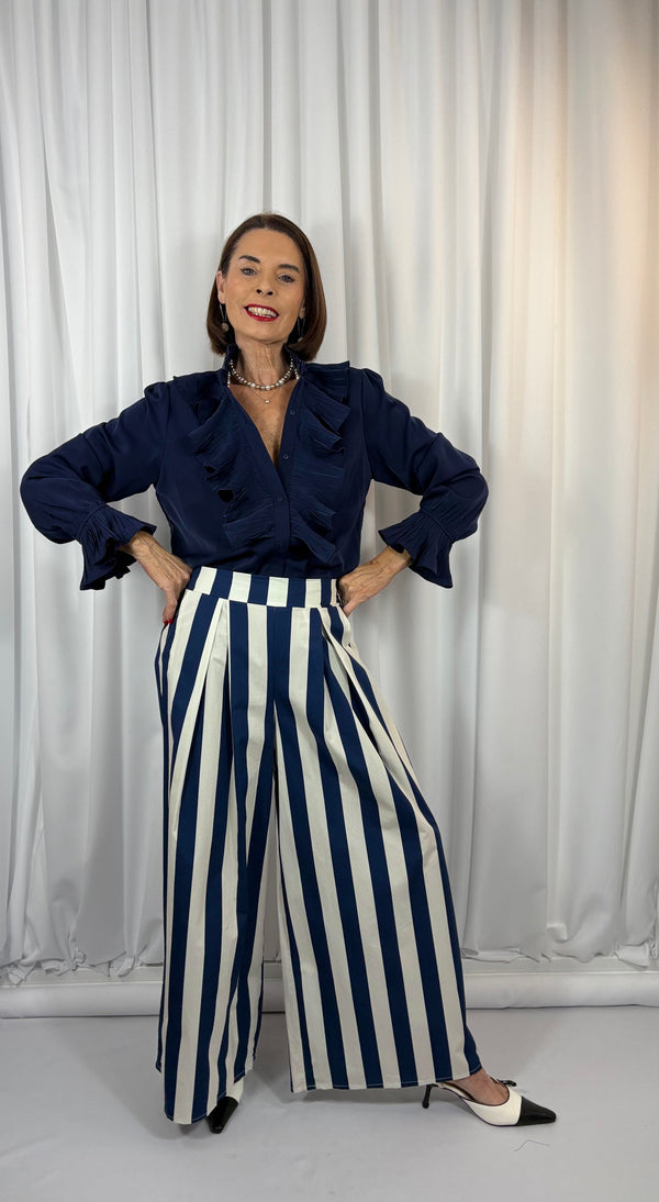 Fiorentina Palazzo trousers in rich navy and beige - Bond Street Store