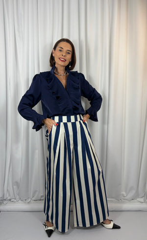 Fiorentina Palazzo trousers in rich navy and beige - Bond Street Store