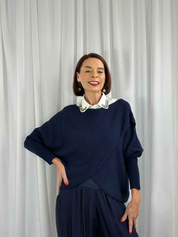 Tara fine crossover knitwear in navy - Bond Street Store