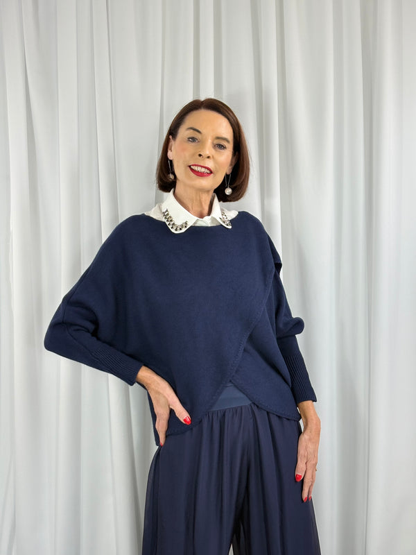 Tara fine crossover knitwear in navy - Bond Street Store