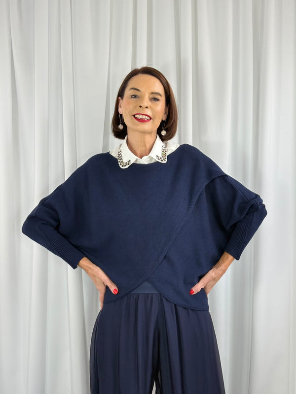 Tara fine crossover knitwear in navy - Bond Street Store