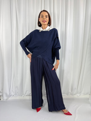 Tara fine crossover knitwear in navy - Bond Street Store