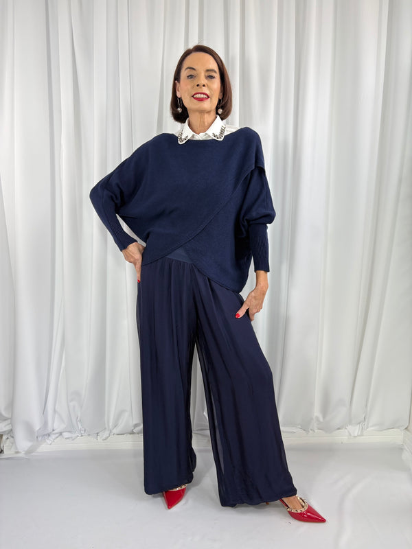 Tara fine crossover knitwear in navy - Bond Street Store