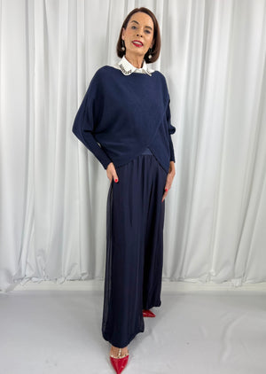 Tara fine crossover knitwear in navy - Bond Street Store