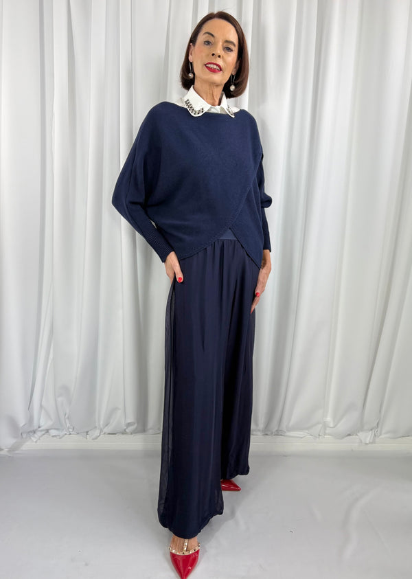 Tara fine crossover knitwear in navy - Bond Street Store