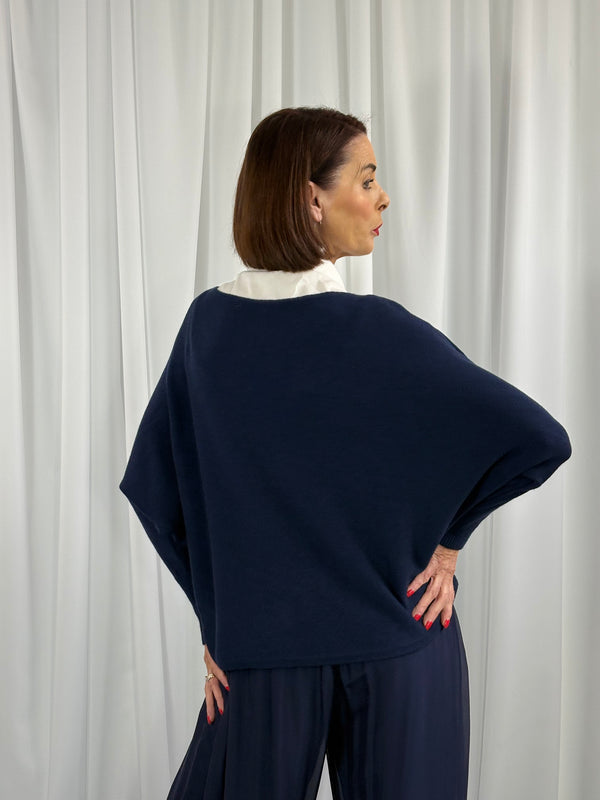 Tara fine crossover knitwear in navy - Bond Street Store