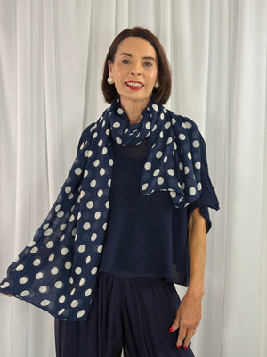 Ruby scarf in navy with white polka dots