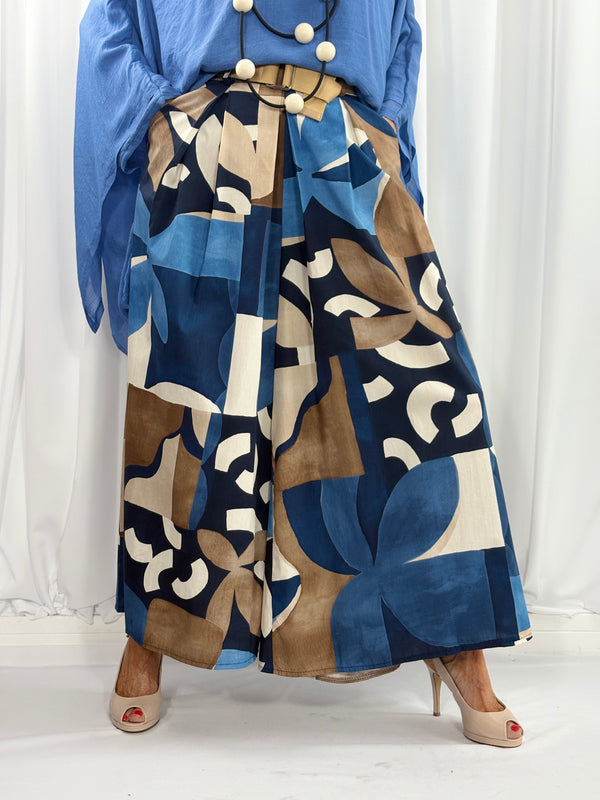 Jules wide leg palazzo trousers in navy and multi - Bond Street Store