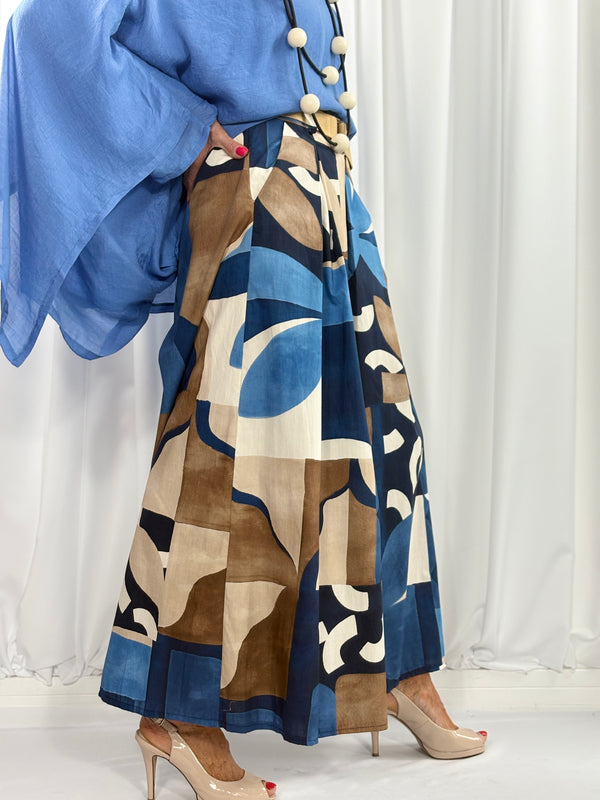 Jules wide leg palazzo trousers in navy and multi - Bond Street Store