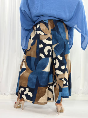 Jules wide leg palazzo trousers in navy and multi - Bond Street Store