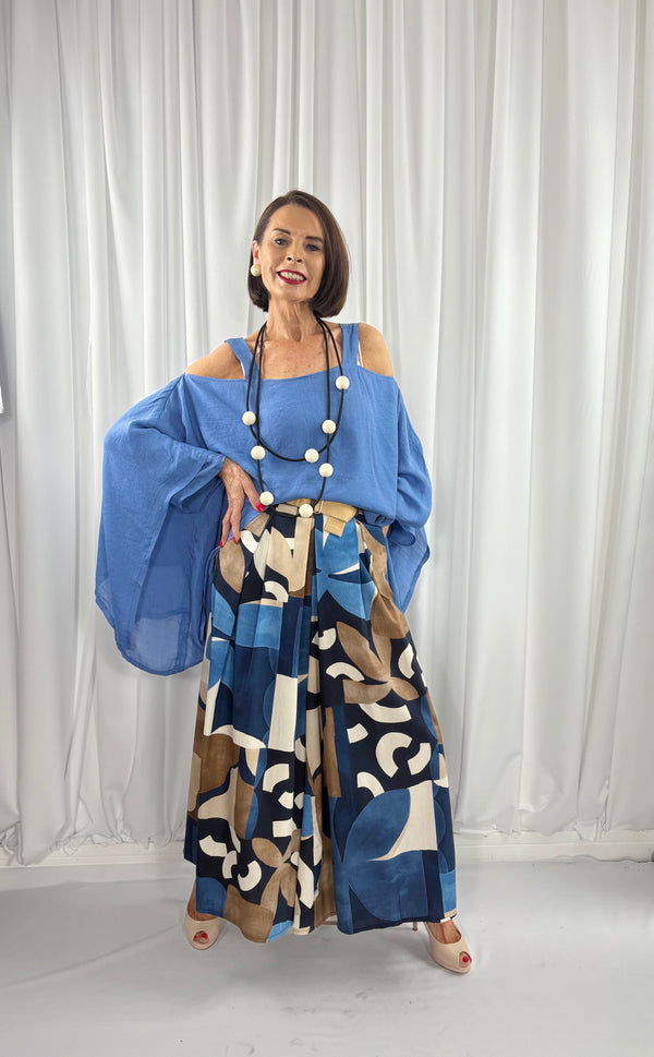 Jules wide leg palazzo trousers in navy and multi - Bond Street Store