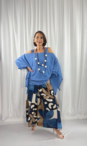 Jules wide leg palazzo trousers in navy and multi - Bond Street Store
