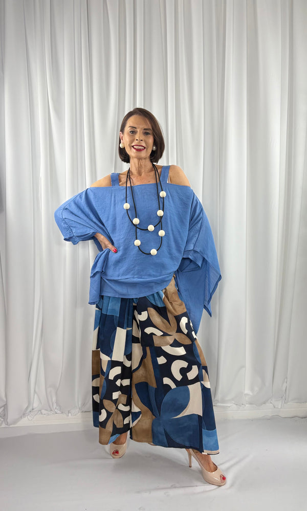 Jules wide leg palazzo trousers in navy and multi - Bond Street Store
