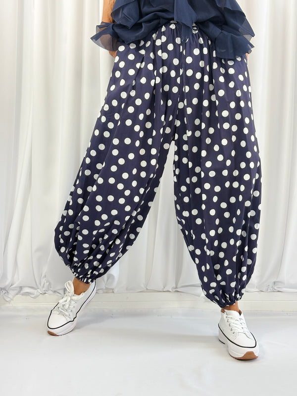 Whisper trousers in navy with white polka dots - Bond Street Store