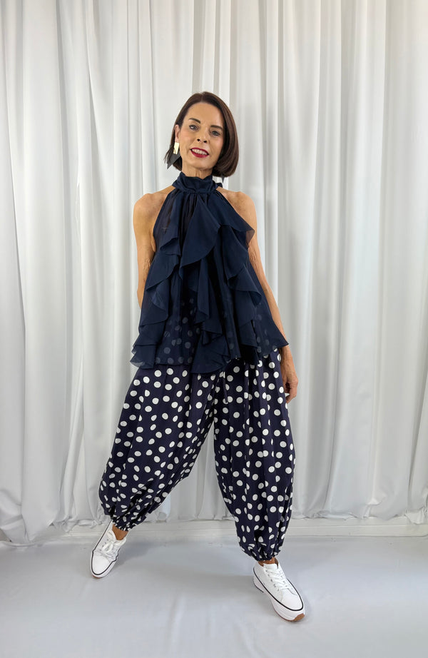 Whisper trousers in navy with white polka dots - Bond Street Store