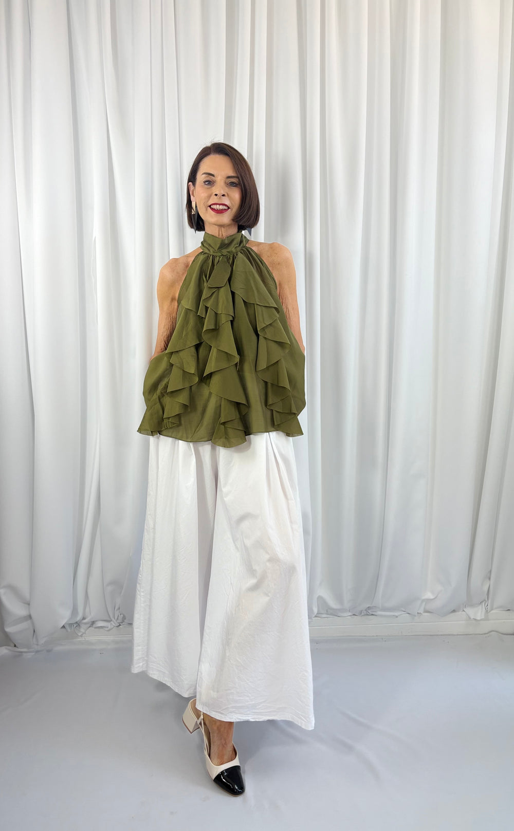 Whisper ruffle top in olive