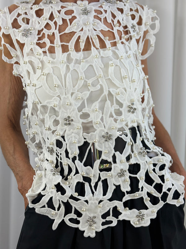 Petra pearl crochet top in white - Bond Street Store