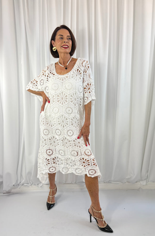 Ariana Crochet Bell Sleeve Dress in White - Bond Street Store