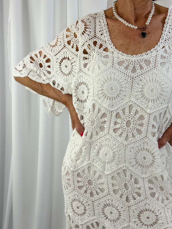 Ariana Crochet Bell Sleeve Dress in White - Bond Street Store