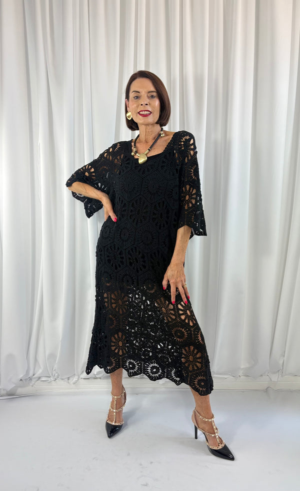 crochet bell sleeve dress Ariana Crochet Bell Sleeve Dress in black