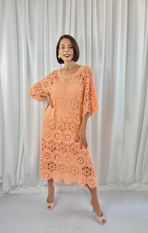 Ariana Crochet Bell Sleeve Dress in coral - Bond Street Store