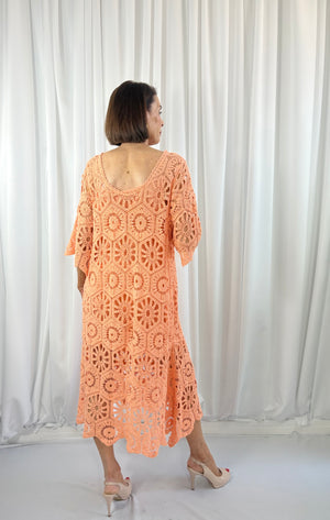 Ariana Crochet Bell Sleeve Dress in coral - Bond Street Store