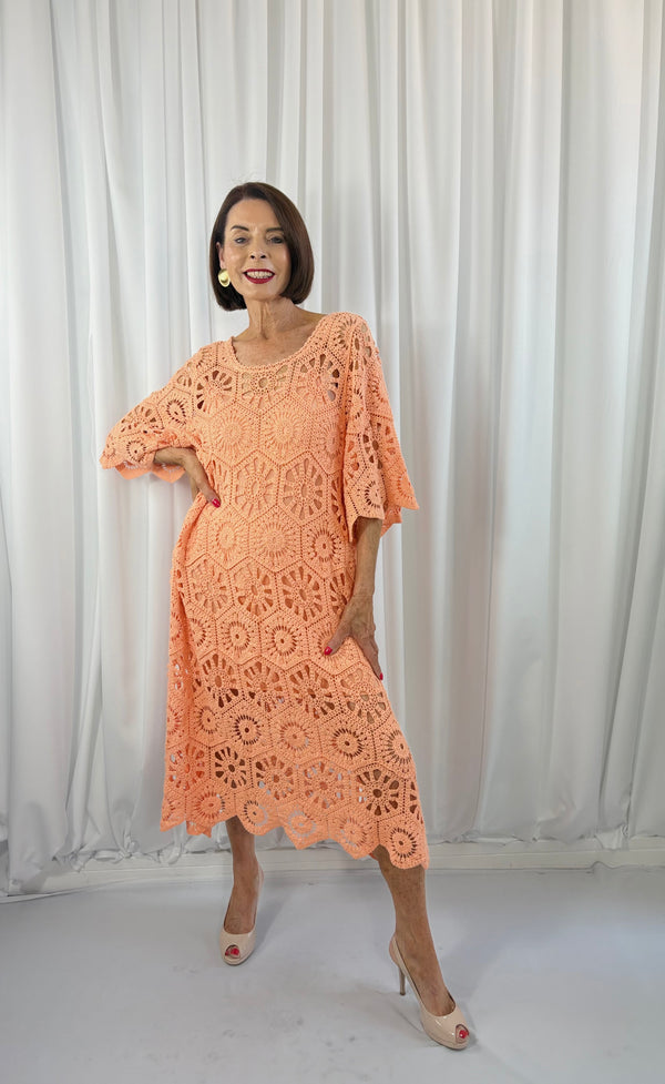 Ariana Crochet Bell Sleeve Dress in coral - Bond Street Store