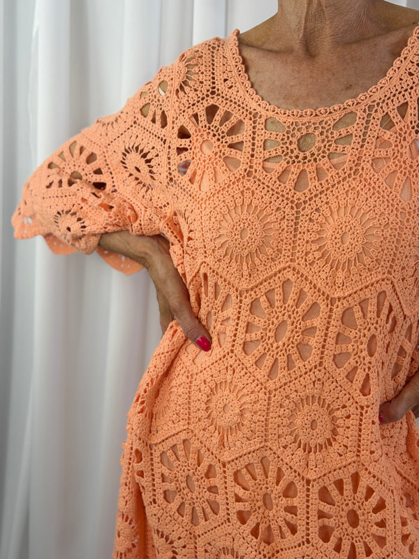 Ariana Crochet Bell Sleeve Dress in coral - Bond Street Store