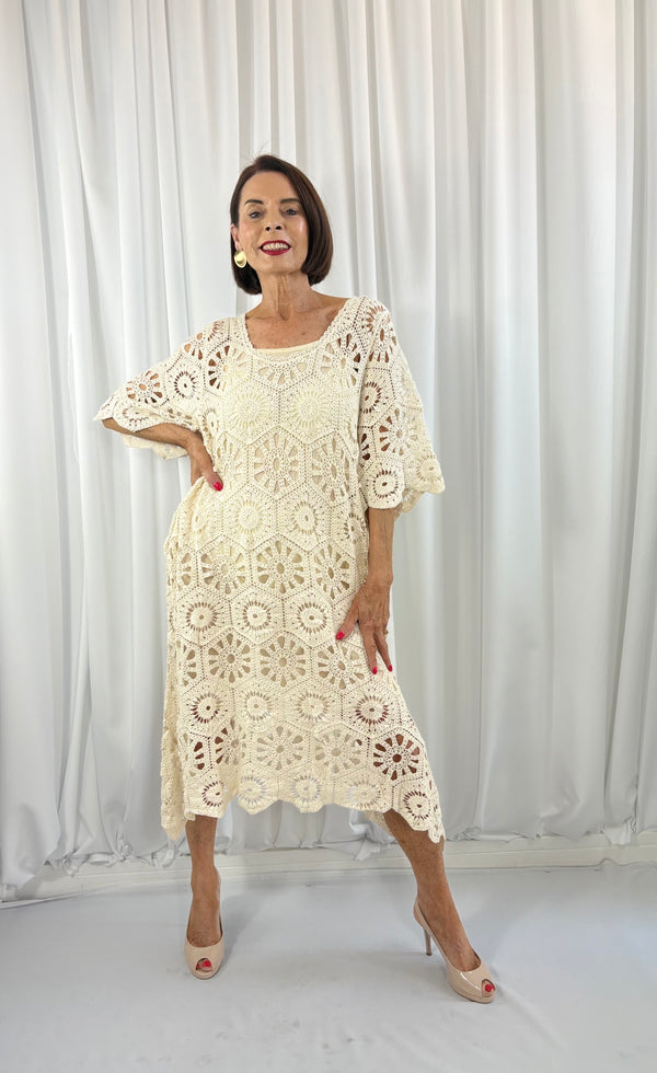 Ariana Crochet Bell Sleeve Dress in Beige - Bond Street Store