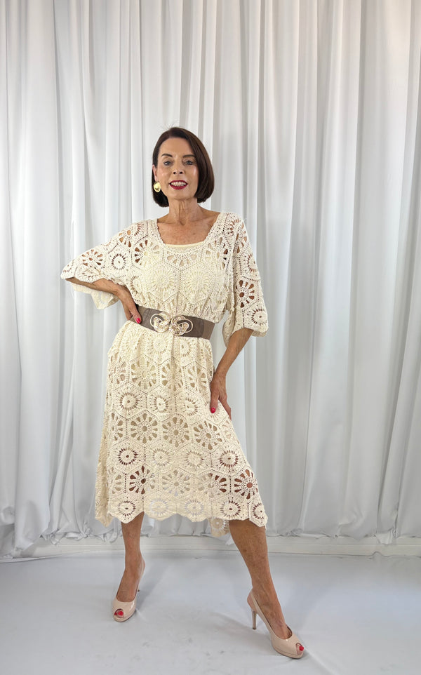 Ariana Crochet Bell Sleeve Dress in Beige - Bond Street Store