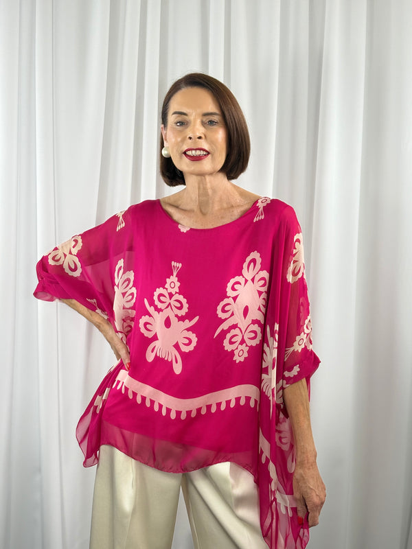 Malmo waterfall top in cerise pink with beige - Bond Street Store