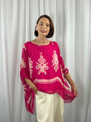 Malmo waterfall top in cerise pink with beige - Bond Street Store