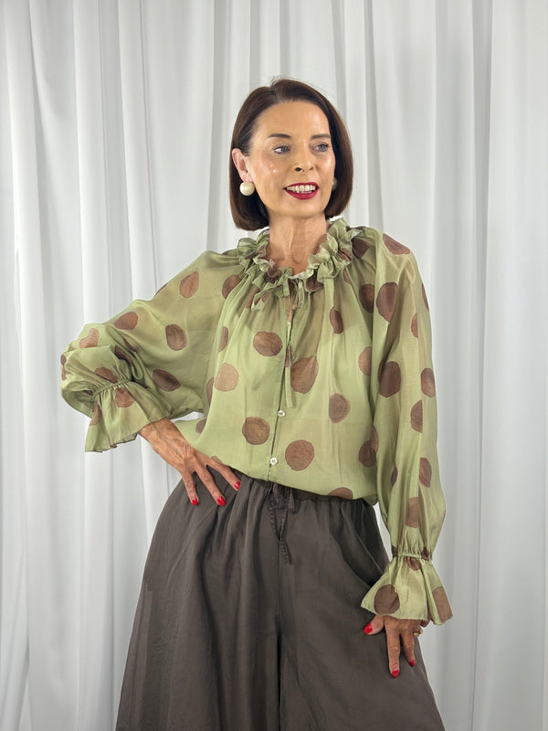 Alfredo top in sage with chocolate spots - Bond Street Store