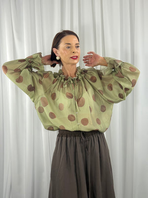 Alfredo top in sage with chocolate spots - Bond Street Store