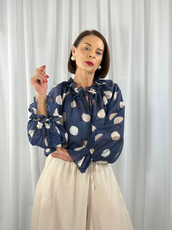 Alfredo top in navy with beige spots