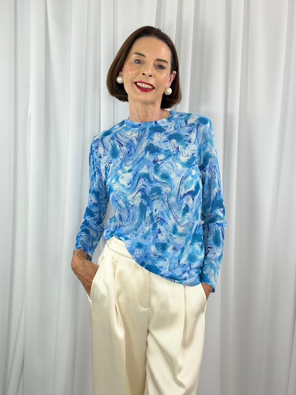 Stephanie Mesh top in sky blue marble