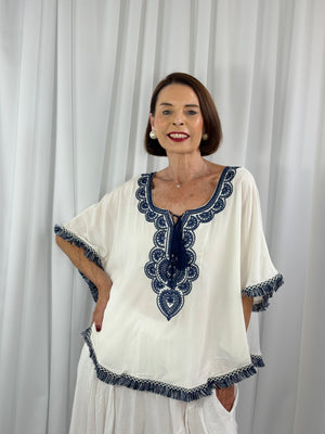 Cathleen batwing top in navy and white